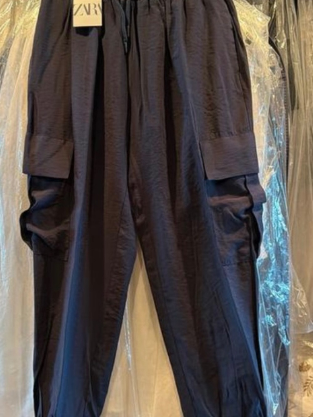 NWT Zara ELASTIC WAIST DRAWSTRING NAVY CARGO PANTS, Medium